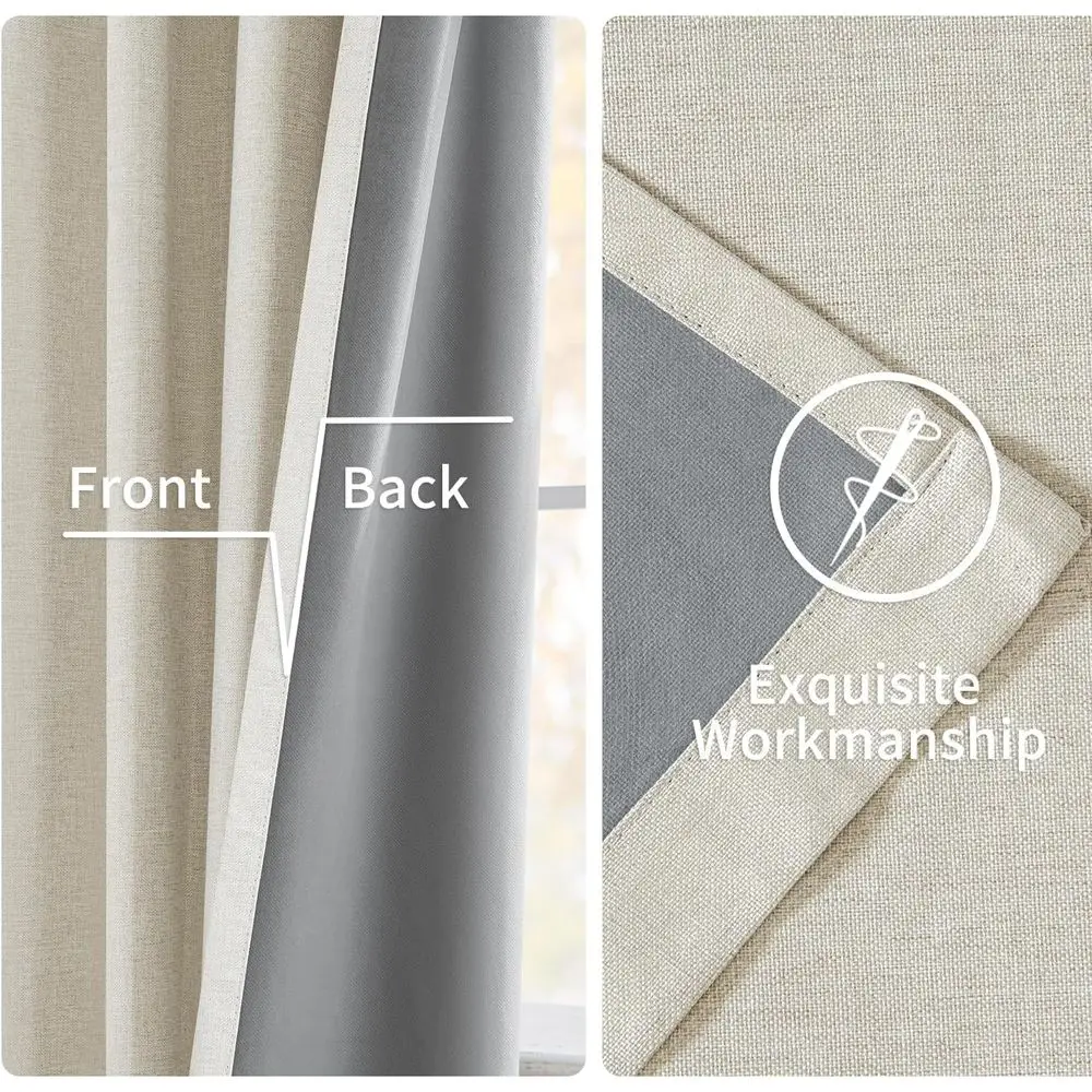 Zasłony zaciemniające z potrójnymi zakładkami, długość 244 cm, zestaw 2 paneli, kremowe zapięcie na sznurki, naturalny kolor, do sypialni i salonu