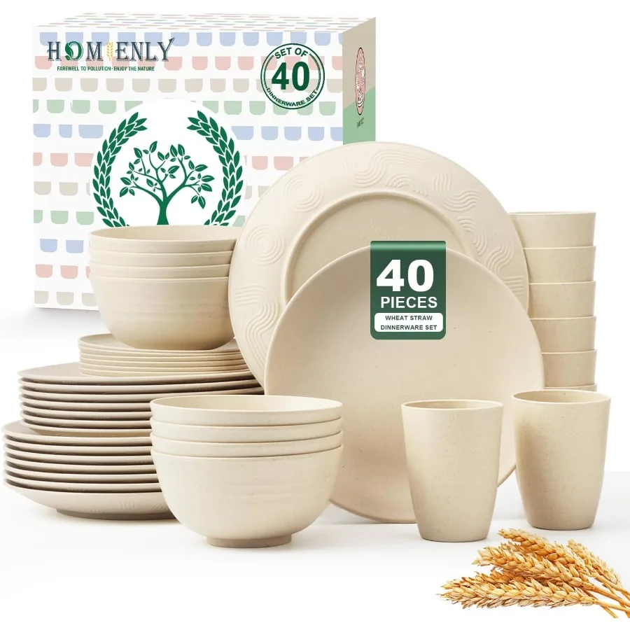 

40 PCS Unbreakable Dinnerware Set for 8 People with Wheat Straw Material Includes Plates Bowls and Cups Microwave and Dishwashe