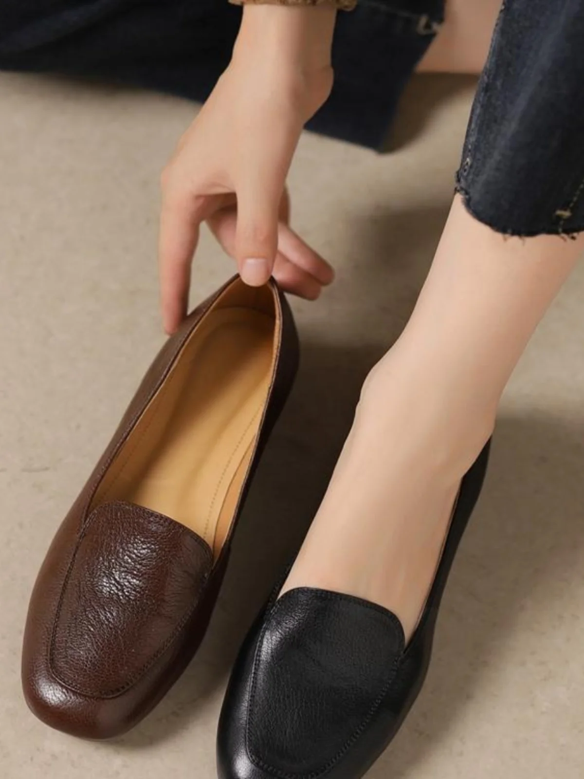 Zapatos de Mujer de Tacón Bajo, Suela Suave, Cristal, Piel de O, Moda, Zapatos de Trabajo de Cuero Genuino Marrón, Estilo...