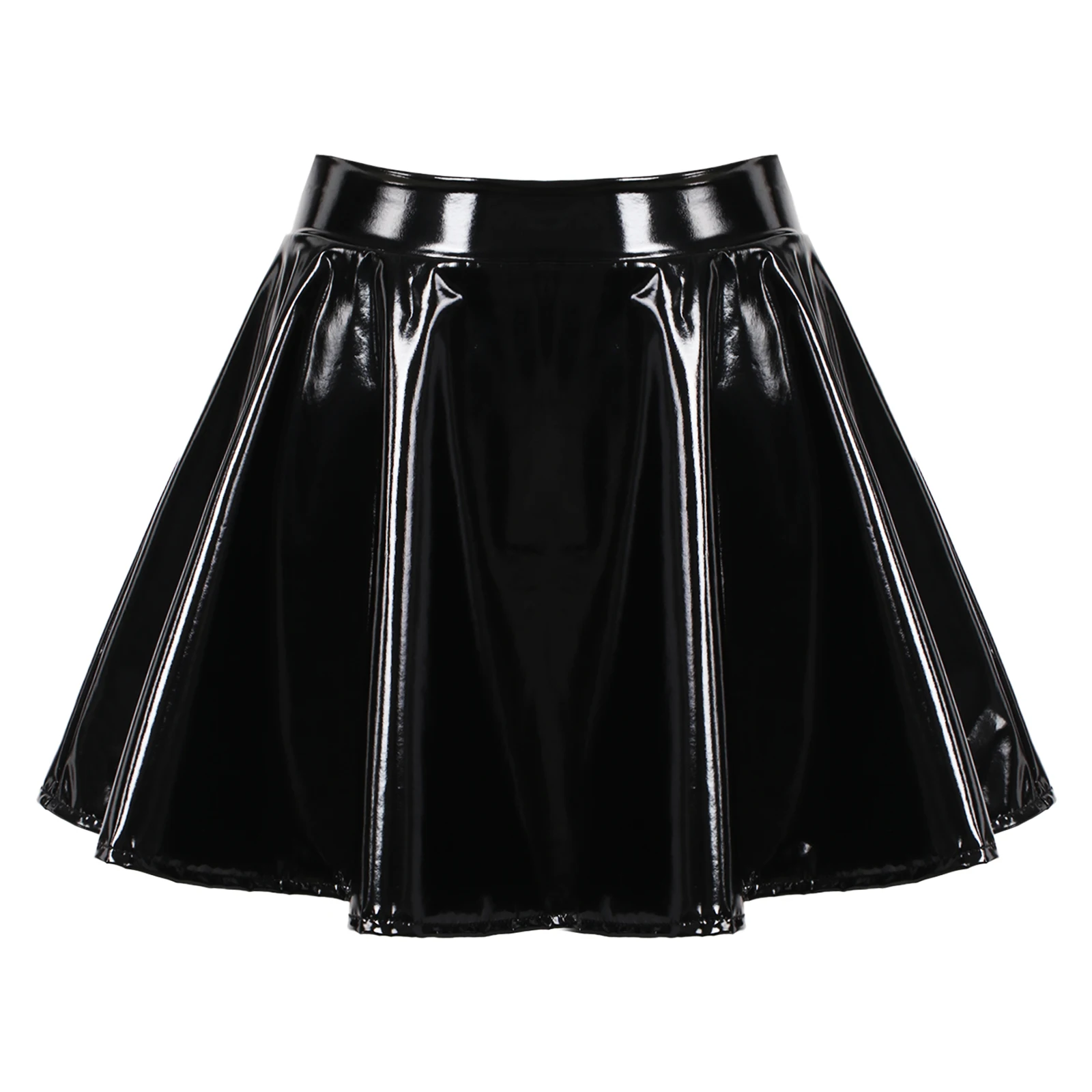 Womens Wet Look Faux Leather High Waisted Pleated Flared A Line Skirts Latex Short Skater Miniskirt Night Party Clubwear