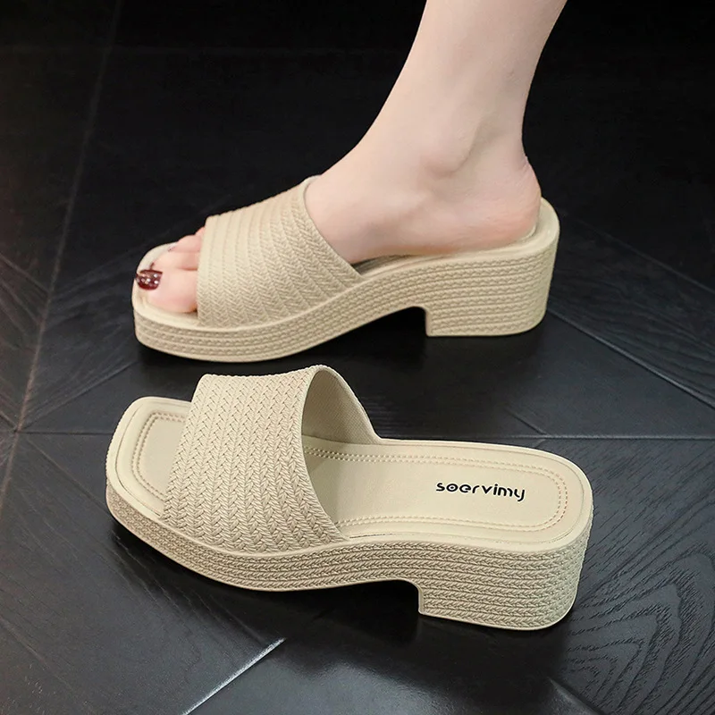 Summer Women Modern Slippers Wedges heels Solid Color PVC Slides Woman Beach Platform Slippers New Square Heel Outside Sandals