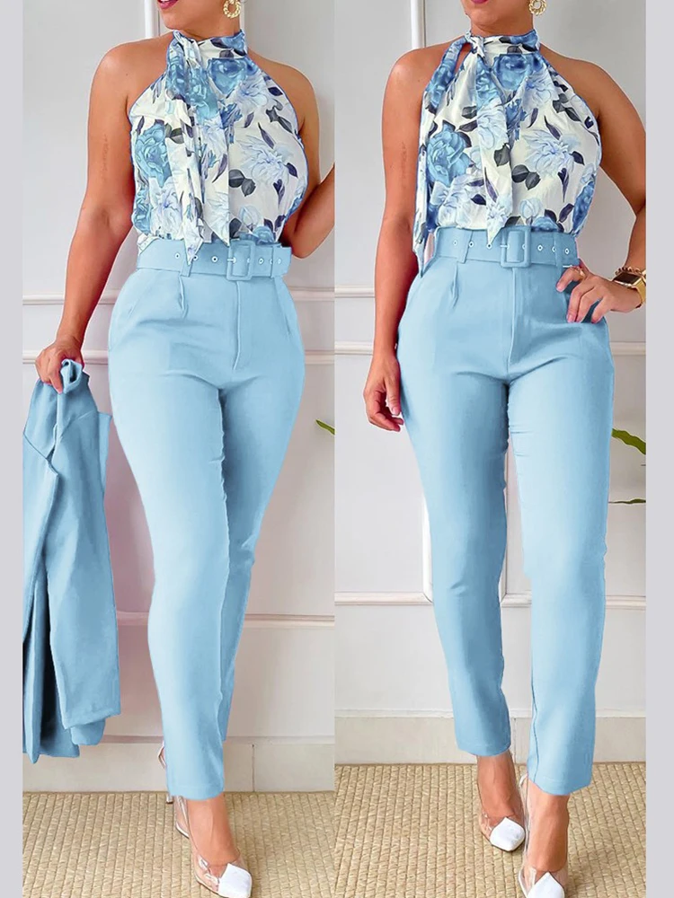 

Floral Print Tank Top & High Waist Pants Set With Belt High Waist Daily