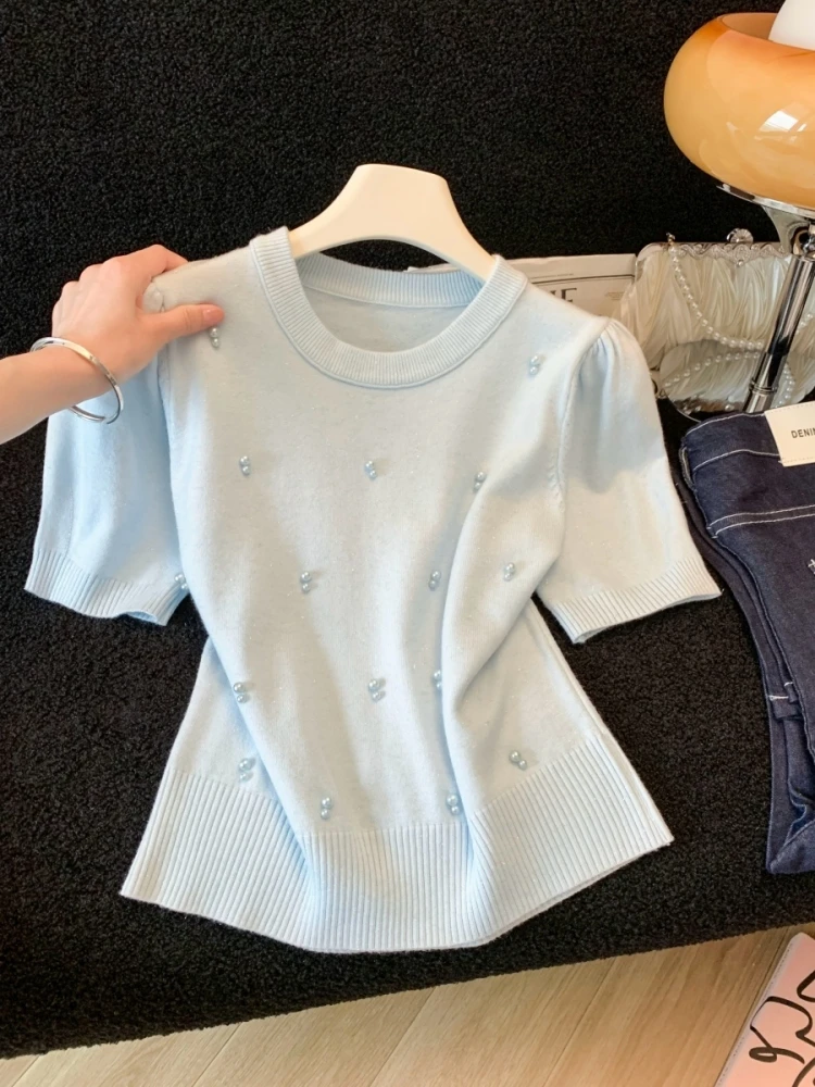 

Blue Beaded round Neck Short Sleeve Knitted Top Women's Summer New Style Elegant Self-Preserving Korean Version Silk Blend