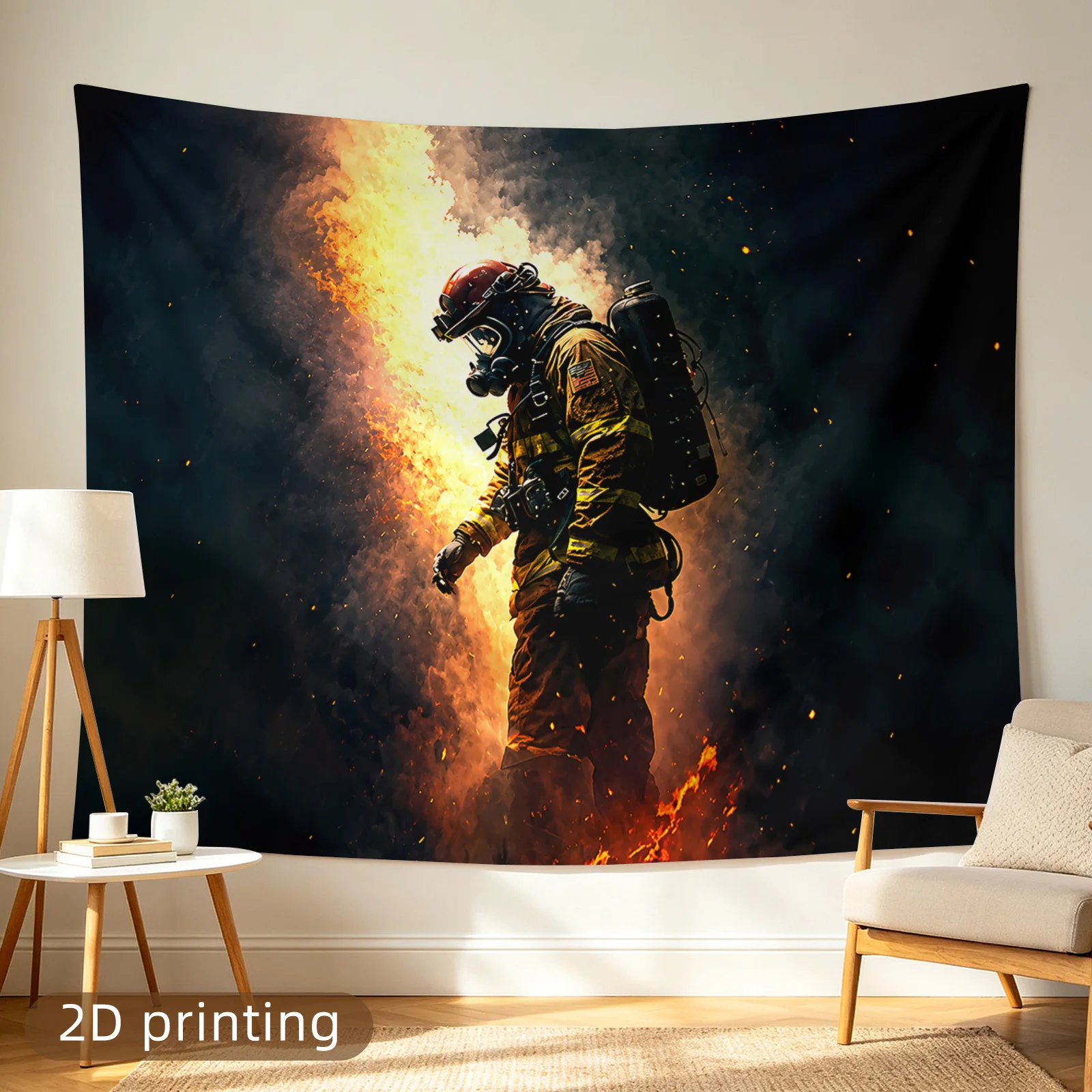 Dramatic Firefighter Tapestry Wall Hanging Inferno Rescue Hero Man Cave Decor Industrial Disaster Scene Polyester Fabric Print A