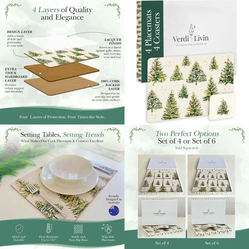 

Set of 4 Heat-Resistant Cork Placemats, 16.15x12.2 Inches, Non-Slip, Perfect for Christmas Dining