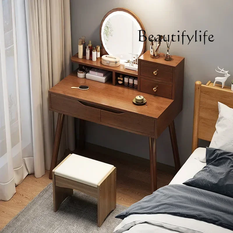 AC Vanity Desk Makeup Table Dressing Table With 2 Drawer Chest, Makeup Dressing Table Stool Wooden Vanity Set Round Mirror Drawe