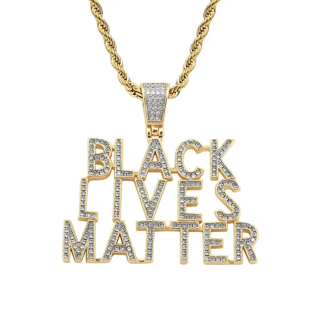 Hip Hop Paved AAA Cubic Zirconia Stone Bling Iced Out Cool BLACK LIVES MATTER Pendant Necklace for Men Rapper Jewelry Gifts