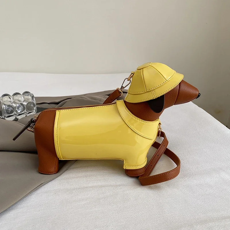 Novelty 3D Dachshund Dog Crossbody Bag Cute Cartoon Animal Shape Women Shoulder Purse Unique Patent Leather Handbag