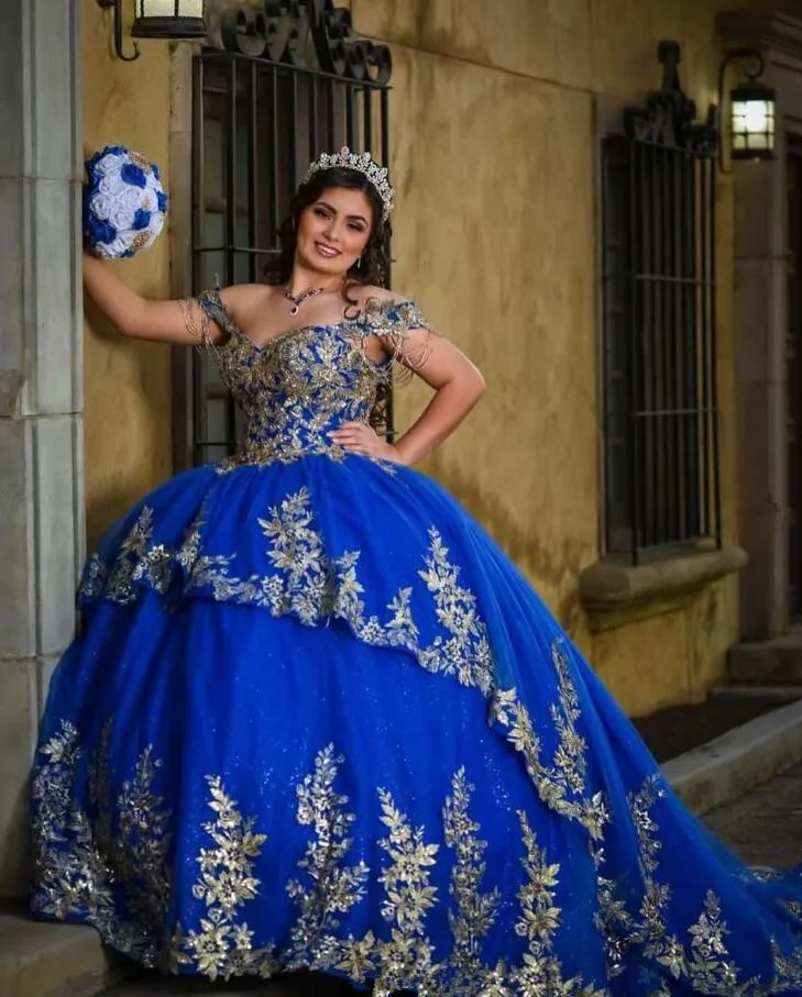 King Blue Cathedral Train Quinceanera Dresses Off Shoulder Applique Tassel Sweet 16 vestido xv años 2024 Lace Up