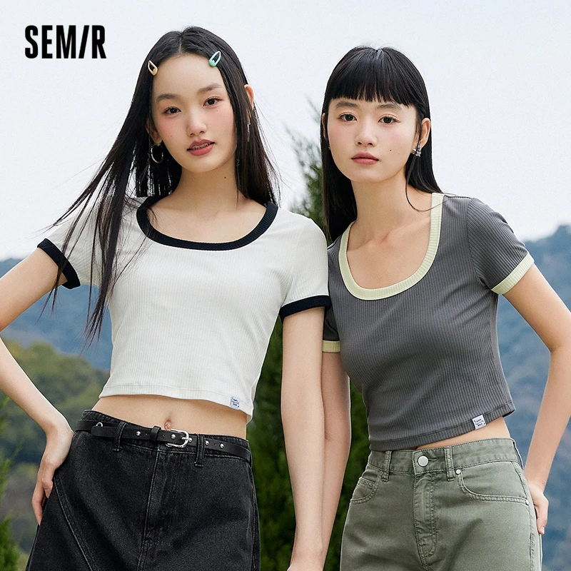 Semir Short Sleeve T Shirt Women Short Front Shoulder Sexy Overlay 2023 Summer New Contrast Tight Tshirt Versatile