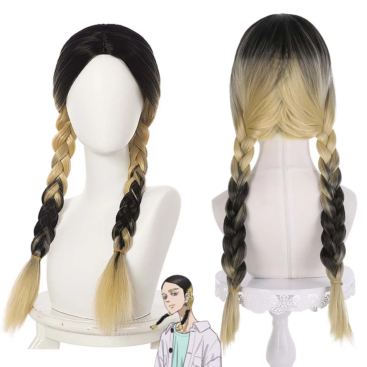 Anime Tokyo Revengers Cosplay Haitani Ran Black Gradient Yellow Long Braid Wig