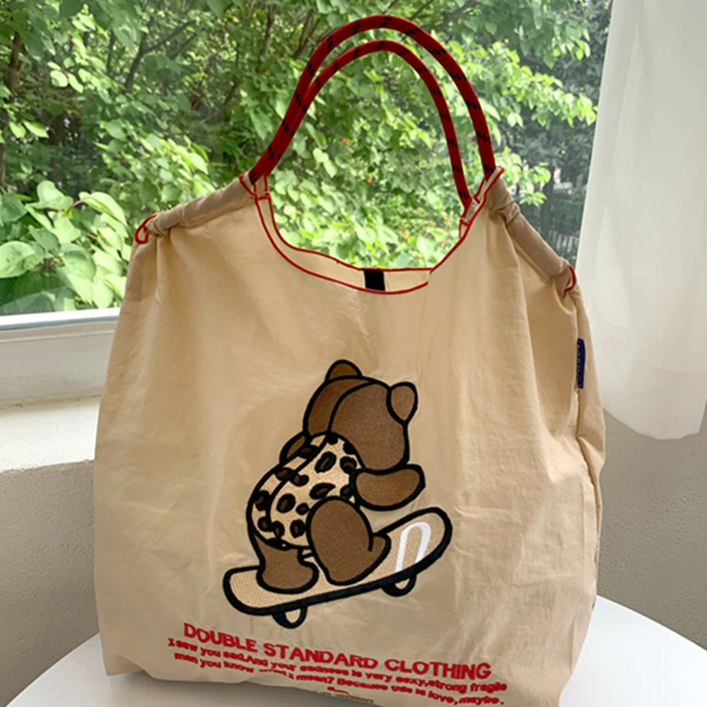 Bear Embroidery Designer Bag Chain Eco Bags for Women Large Nylon Shopper Purses and Handbags Letter Cartoon Shoulder Bag Tote