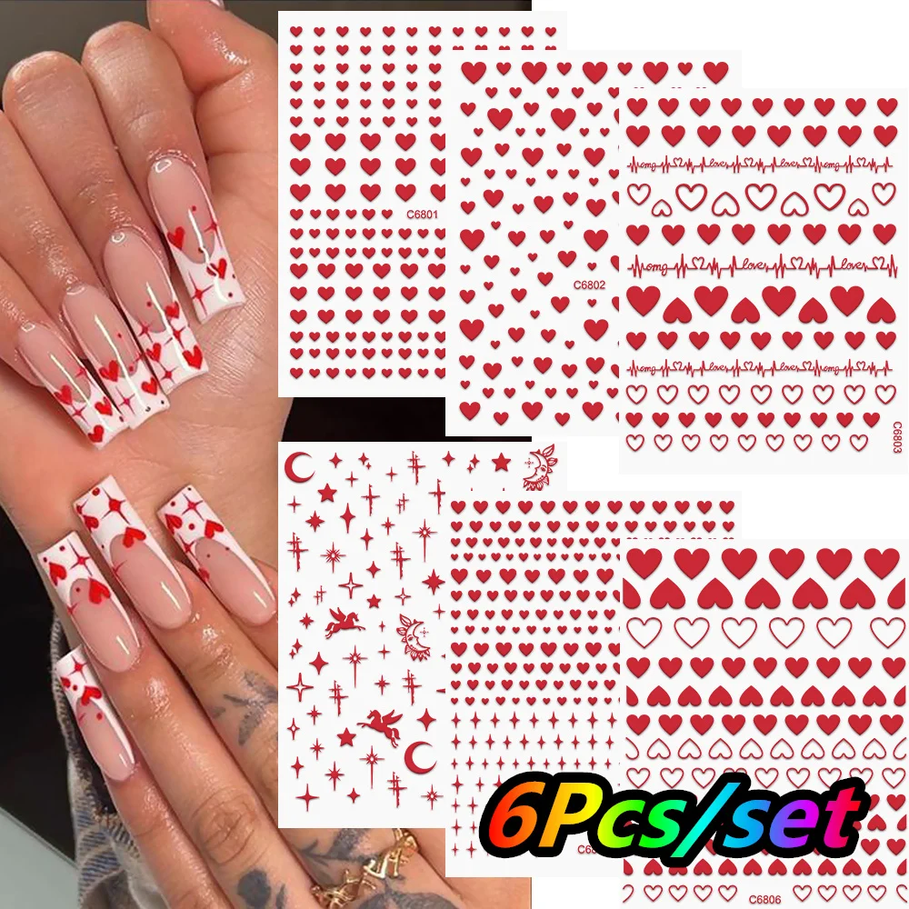 6 pièces/Kit saint valentin 3D rouge amour coeur Nail Art autocollants mixte rouge pêche coeur ongles décalcomanie auto-adhésif rouge coeur ongles curseur