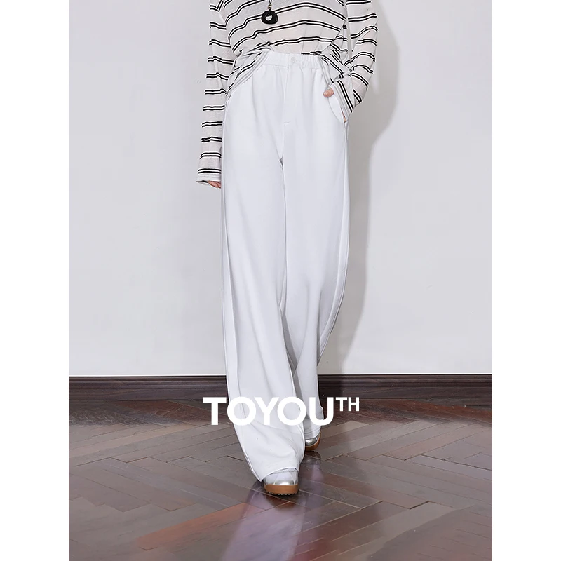 

TOYOUTH Women Casual Pants 2025 Spring New High Waist Slim Fit Straight Wide Leg Cotton Long Pants White