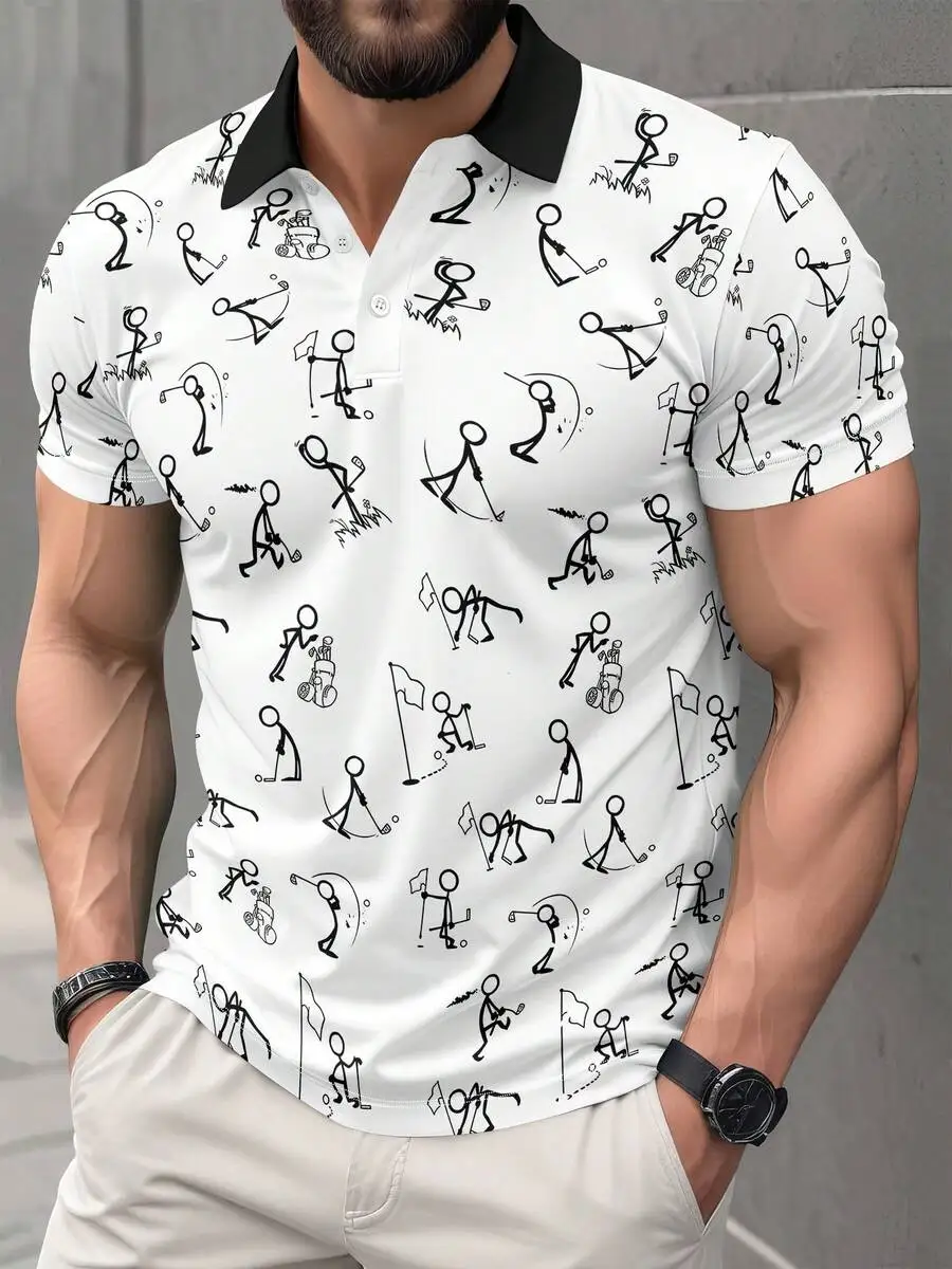 

Men's White Short Sleeve Polo Shirt with Black Stick Figure Golf Print