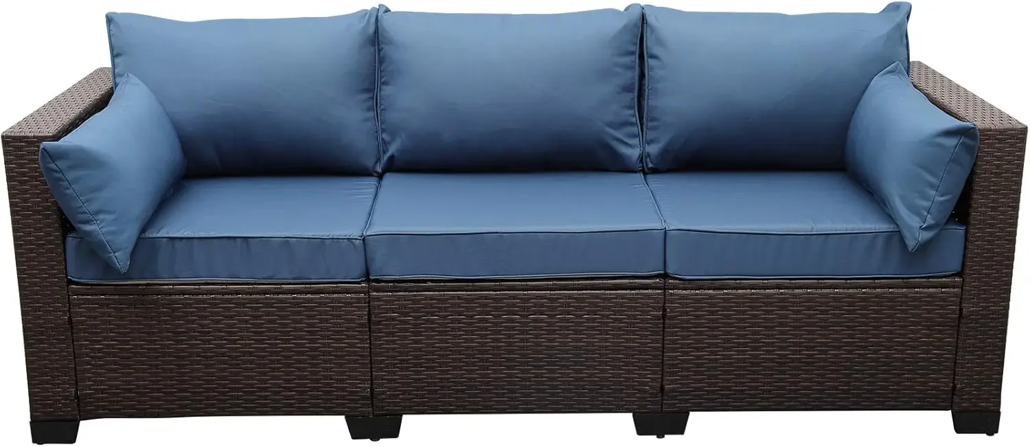 3-Seat Patio Wicker Sofa, Outdoor Rattan Couch Furniture Steel Frame with Furniture Cover and Deep Seat High Back