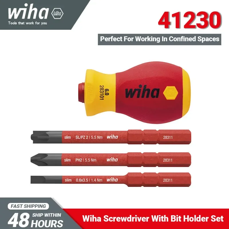 Wiha 41230 Screwdriver Set 1000V Insulated Electrician Screw with Bit Holder Set Slimvario 4 Piece for Slotted Phillips Pozidriv