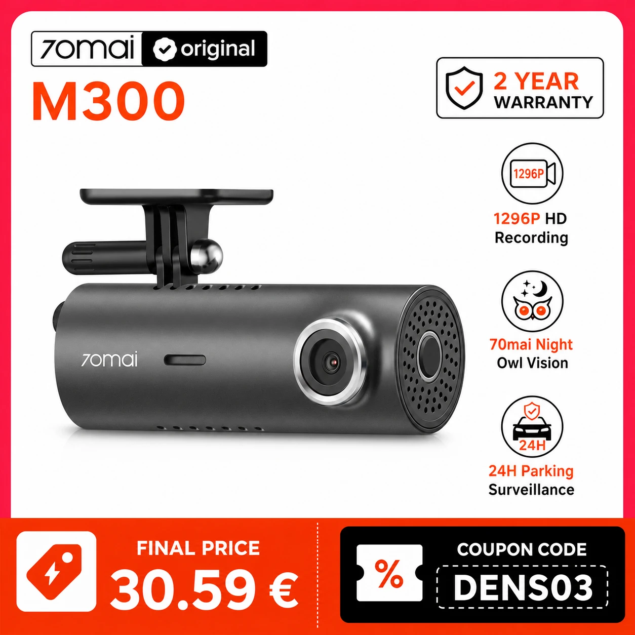 70mai Dashcam M300 1296P Nachtsicht WLAN 24-Stunden-Parkkamera Auto-DVR 140° Weitwinkel F2.1 Mini Einfache Installation Zeitrafferaufnahme Loop-Aufnahme 3D-Rauschunterdrückung & WDR App-Steuerung