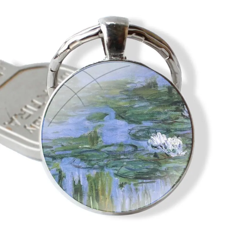 Glass Metal Pendant Key Chain Classic Men Women Key Ring Accessories Jewelry Gifts Claude Monet painting