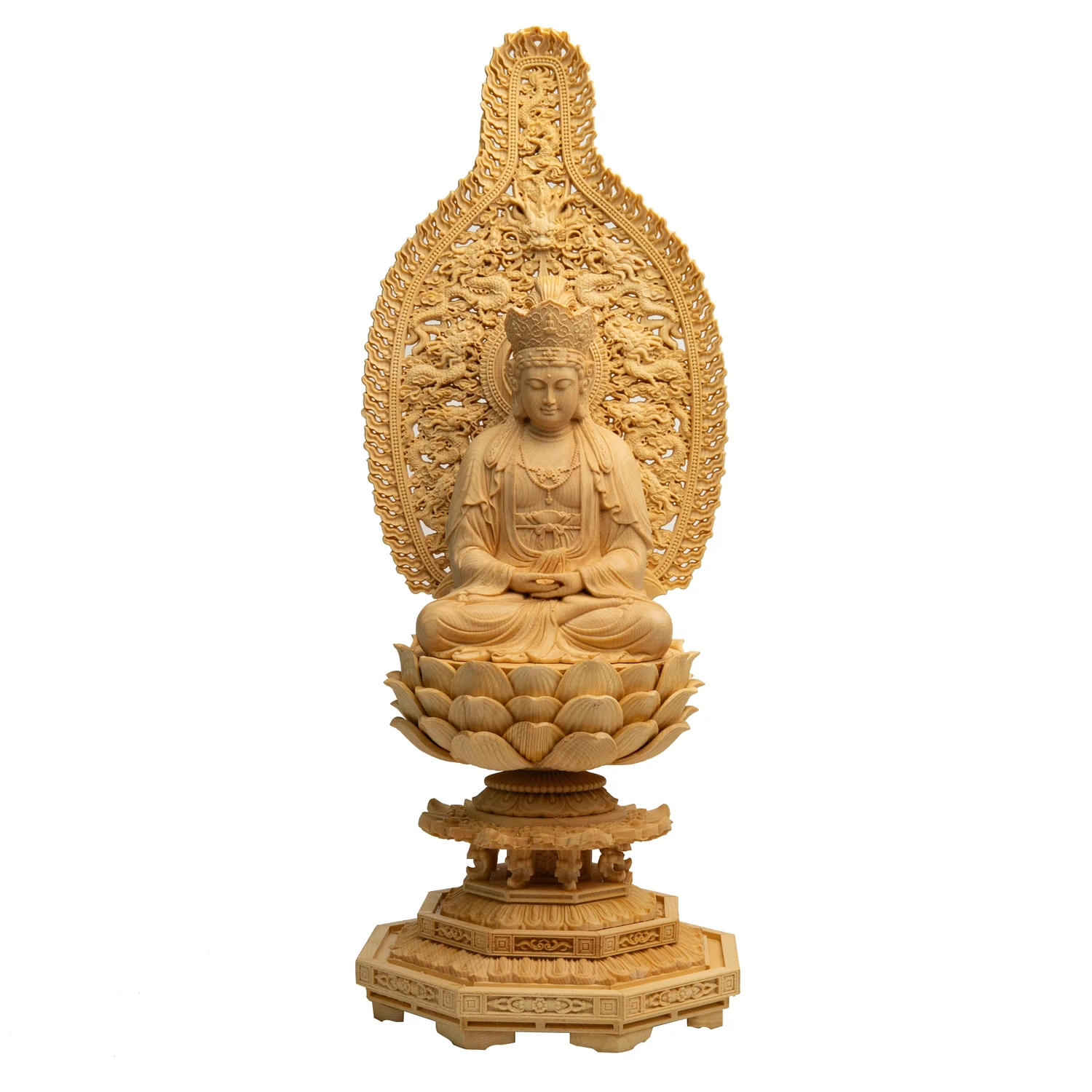 Solid Wood Carved Potala Statue, Avalokiteshvara Bodhisattva, Home Altar, Temple Decoration, Spiritual Gift