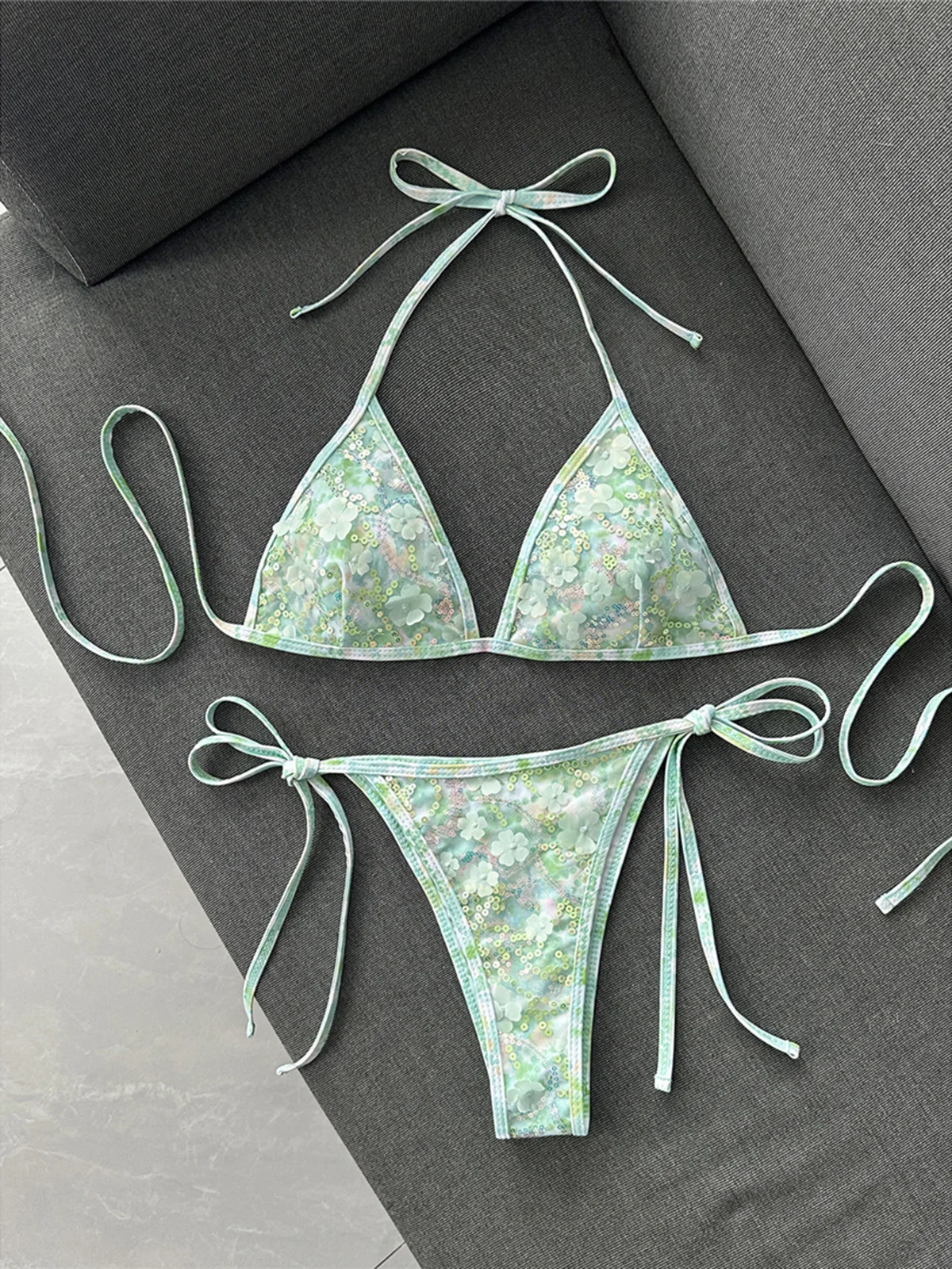 Printed Sequins Halter Bikini Women Swimwear Female Swimsuit High Leg Cut Bather Bathing Suit Swim Two-Pieces Bikini Set K8237