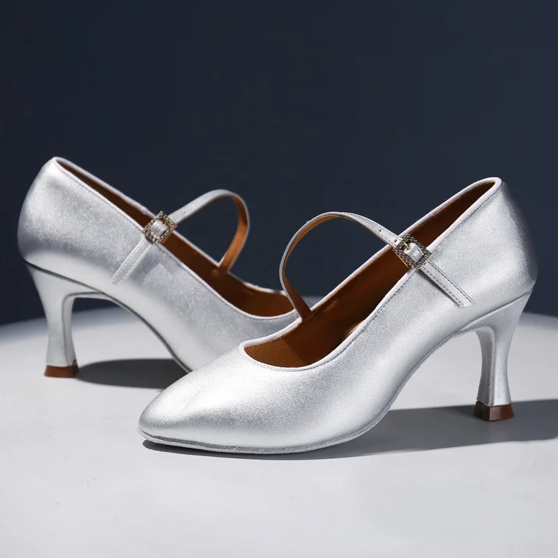 Silver Tan Leather Closed Toe Standard Ballroom Latin Wedding Shoes Meduim Heel 5.5cm 6.5cm 7.5cm Ballroom Dance shoes For Women