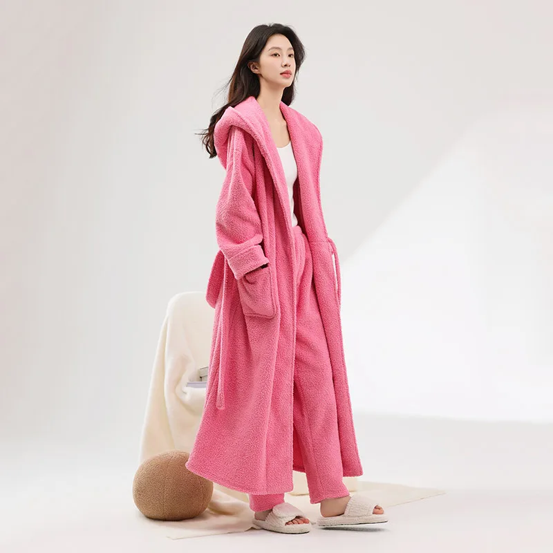 

Womens Solid Color Hooded Bathrobe And Pants Set Ladies Fleece Plush Warm Long Coral Fleece Robes Winter Warm Pajamas Sleepwear
