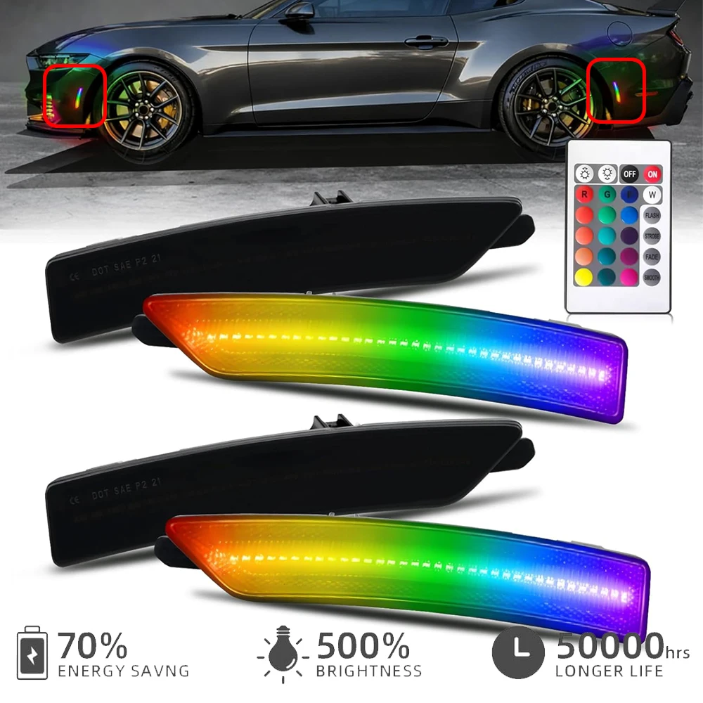 

4 шт. разноцветные светодиодные боковые габаритные огни, указатели поворота и стояночные фонари для Ford Mustang 2024 года и новее (S650 Gen7), мигающие