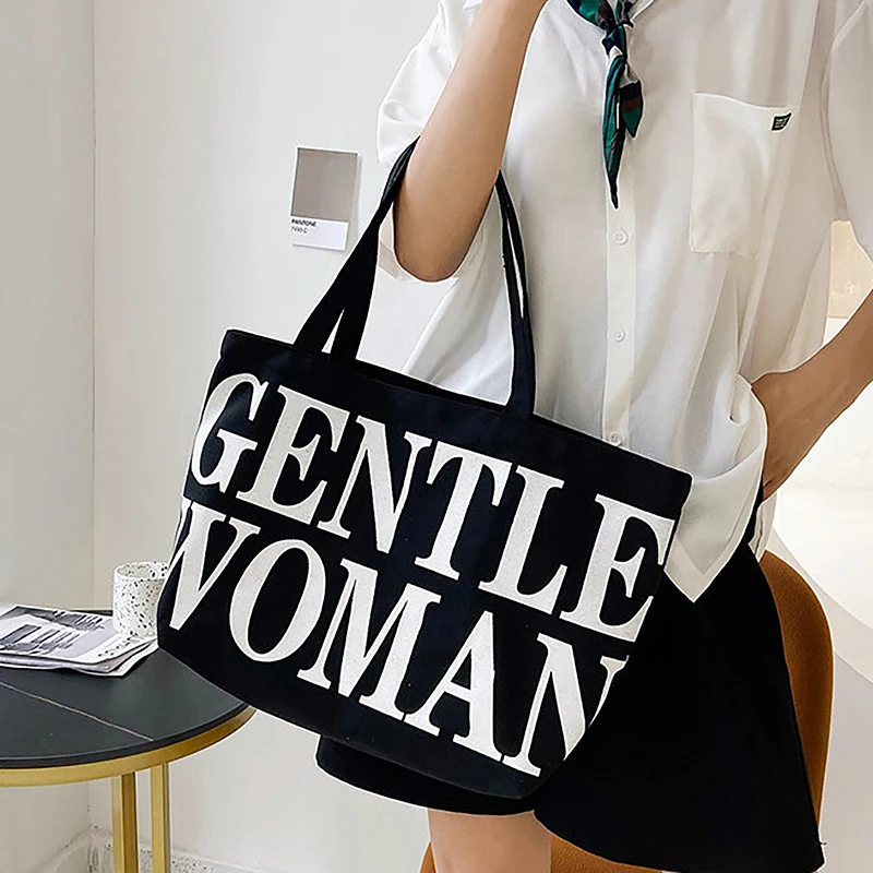 Creative Korean Style Fashion Canvas Tote Bag Casual Shoulder Bag Slogan English Letter Simple Large Capacity Crossbody Bag