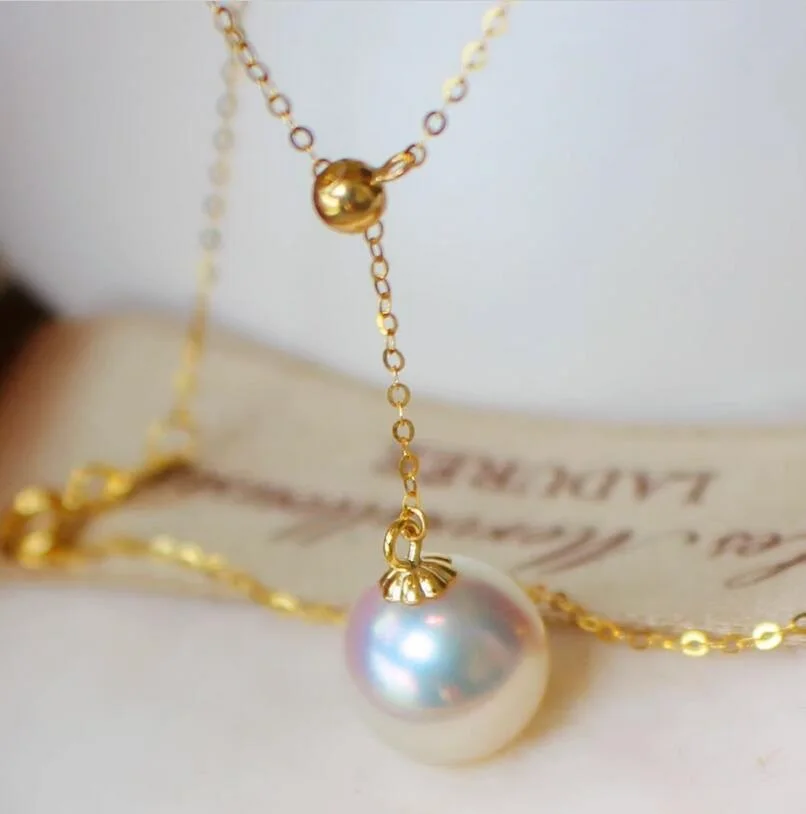 Gorgeous Giant AAAA 10-11mm South China Sea White Round Pearl Pendant Necklace 18K Gold-