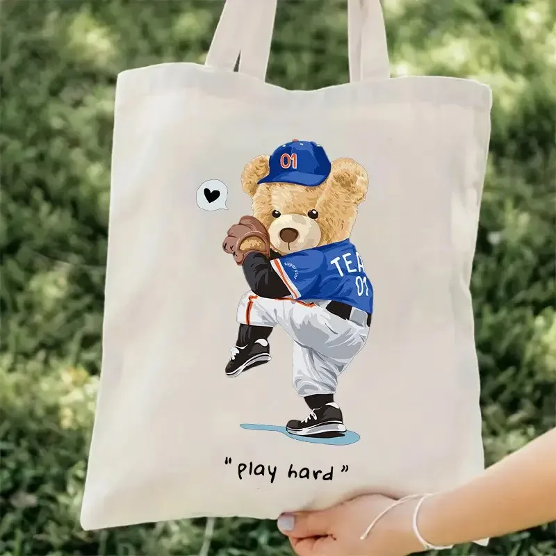 

Women's Casual Tote Bag with Cute Teddy Bear Shoulder Bag Play Hard' Graphic for Everyday Use, Picnics Accessory for Sports Fans