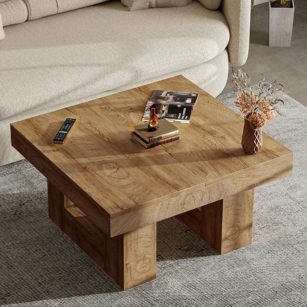 

31.5Inch Square Wood Coffee Table, Farmhouse Side Table for Living Room, Heavy-Duty Square Coffee Table withSpaciousSurfaceBrown