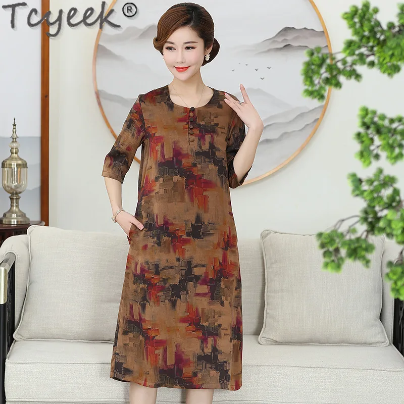 Tcyeek 100% Mulberry Silk Womens Dresses Spring Summer Midi Dress Elegant Dresses for Women Clothes Loose Fit Vestido Feminino