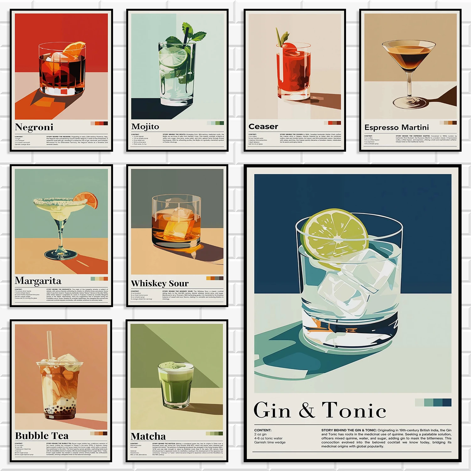 Minimalist Retro Cocktail Drink Poster Wall Art Gin Tonic Mojito Margarita Bubble Tea Bar Kitchen Decor Canvas Print Home Decor