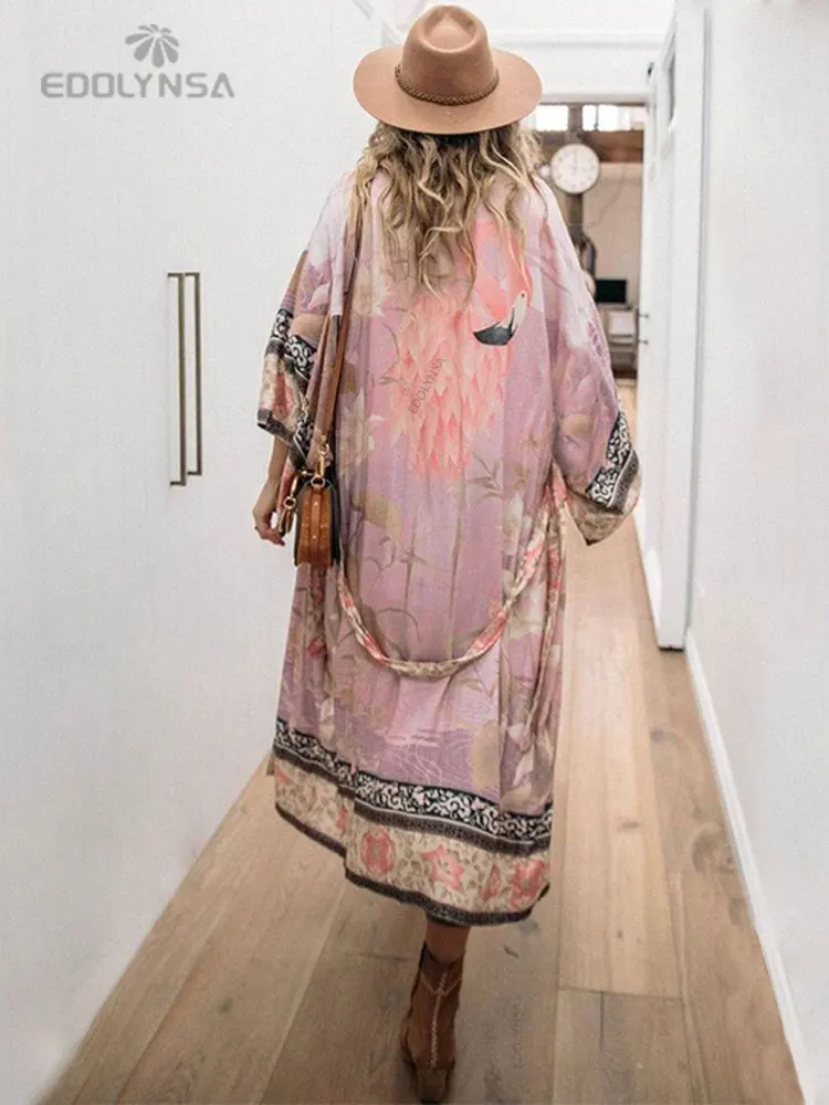 2023 Bikini Cover-ups Pink Boho Print Self Belted Front Open Long Kimono Dress Beach Tunic Women Swim Suit Cover Up Q996