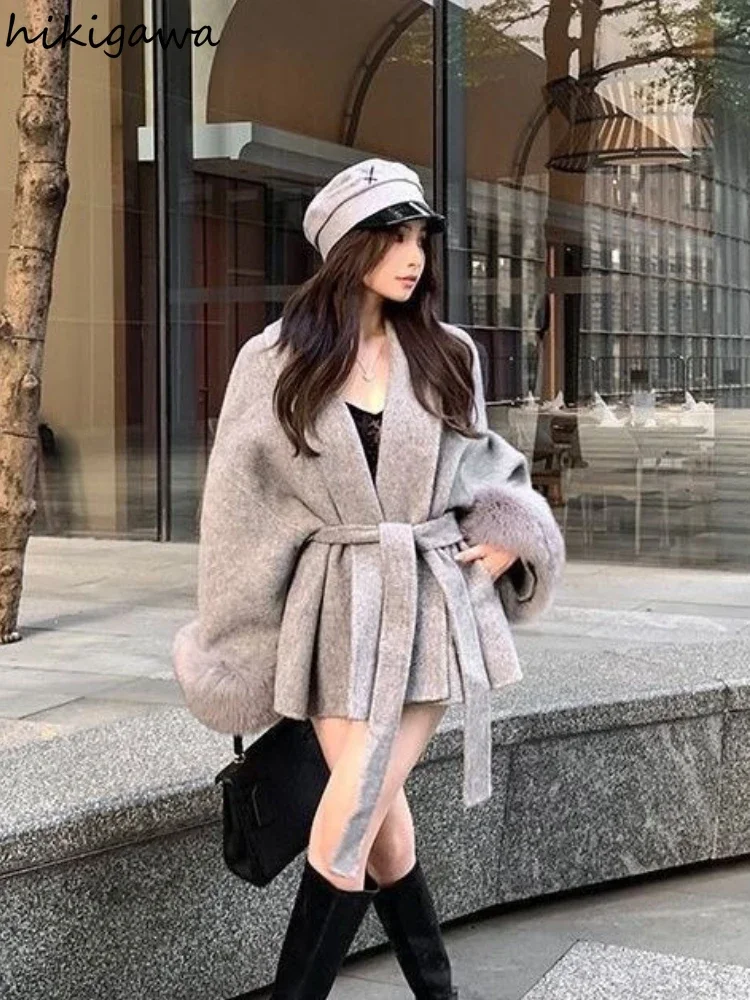 Fashion Coats for Women Patchwork Furry Long Sleeve Bandage Outwear Korean Y2k Clothing Korean Temperament Solid Color Jackets