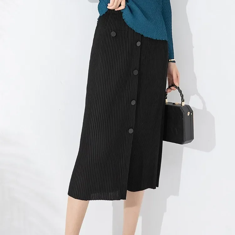 Miyake Skirt Women's Autumn New 2023 Fashionable Single-breasted Slit Elastic Waist Bag Hip Skirt Pleated Thick Material