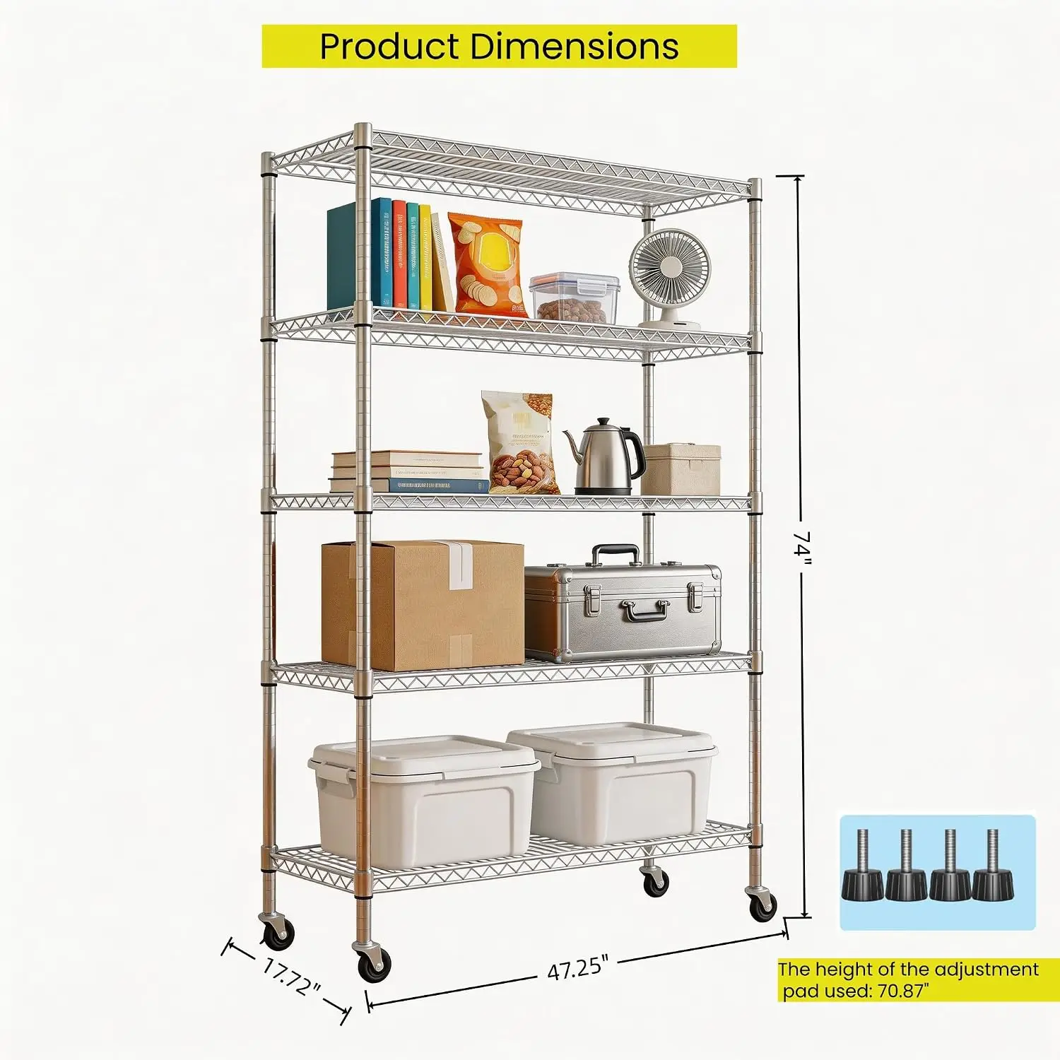 5 Tier Adjustable Metal Wire Storage Shelf with Wheels & Leveling Feet, 47x18x74 in, 1650 lbs Garage Kitchen, Customized