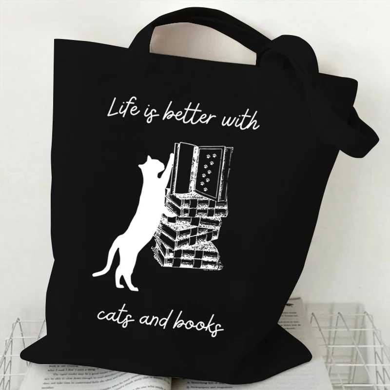 New Cats and Books Pattern Shopping Bags Women Reusable Recycle Bag Bookworm Cat Lover Canvas Shopping Bags Reading Club Handbag