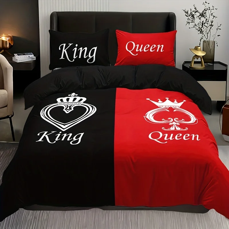 3pcs Duvet Cover Set, Black And Red Crown Pattern Bedding Set, Soft Duvet Cover For Bedroom, Guest Room