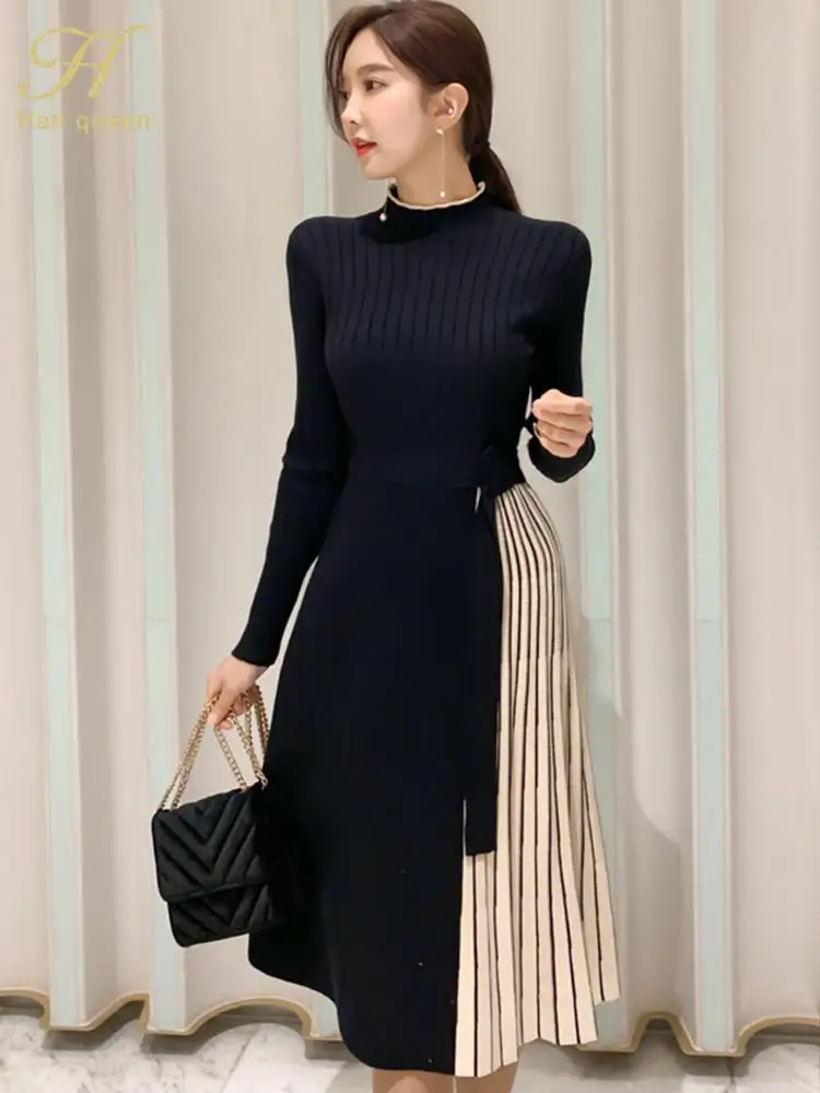 H Han Queen New Winter Elastic Knitted Dresses Women Color matching Lace-up Sweater Dress Fashion Slim Work Office Vestidos