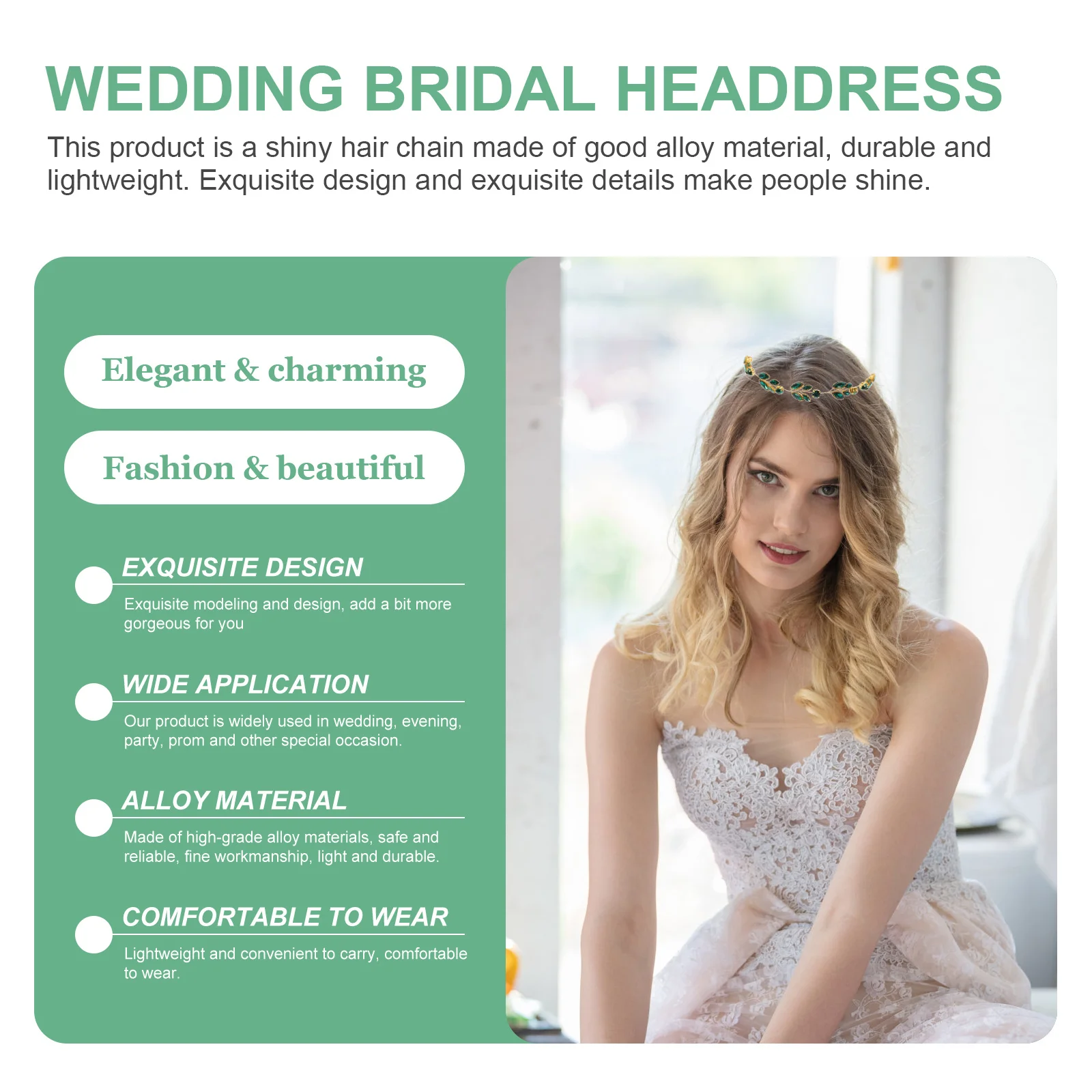 عصابة رأس معدنية لحفلات الزفاف باللون الأخضر، غطاء رأس رائع لحفلات الزفاف، غطاء رأس على شكل سلسلة لإكسسوارات شعر الزفاف والعروس #5