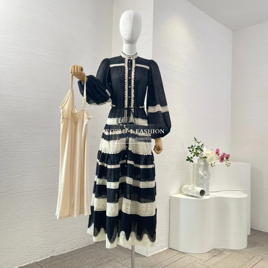 black white long sleeve lace patchwork midi dress