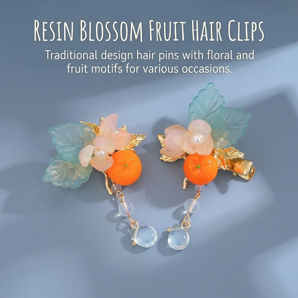 

1pairs Vintage Floral Fruit Hair Clips Resin Craft Traditional Chinese Style Elegant Headwear for Hanfu Photography Women Girls