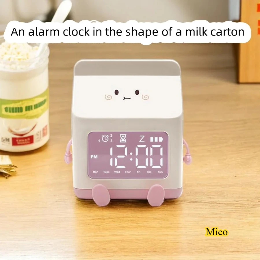 

Cartoon Milk Box Alarm Clock for Bedroom, Rechargeable Get Up Helper, Multifunctional LED Digital Clock with Night Light