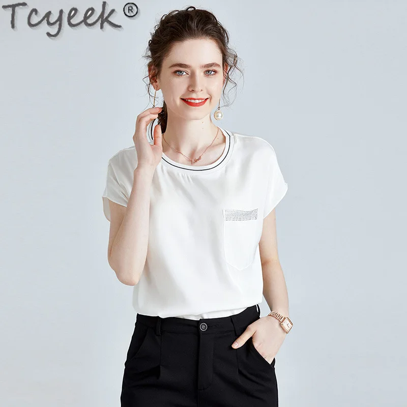 

Tcyeek 16MM 92.3% Mulberry Silk T-shirts for Women Summer Short Sleeve T-shirt Fashion Top Ladies Elegant Tops Loose Fit 2024