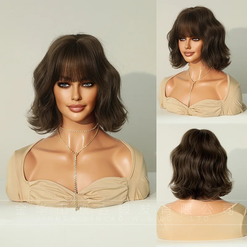 women's Bobo short curly hair with water ripple wigs, full bangs, machine made synthetic fiber wig sets