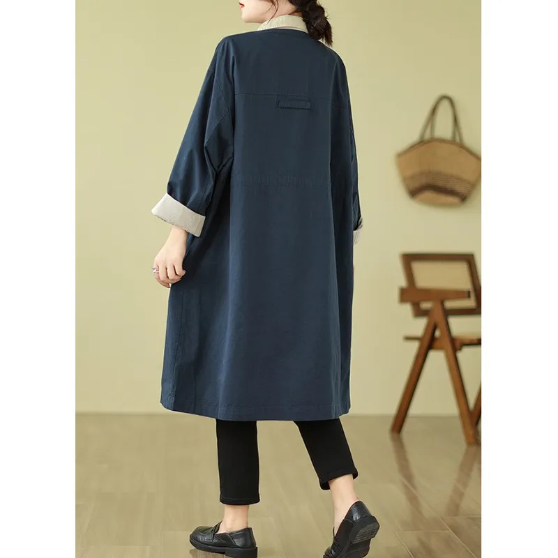 Spring Autumn Korea Fashion Women  Patchwork Turn-down Collar Single Breasted Long Coat All-matched Casual Cotton Trench P306