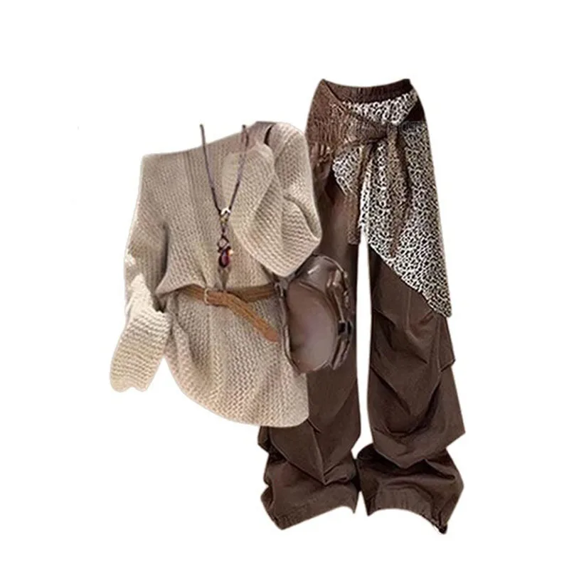 

Autumn Wasteland Style Set, Women's Bohemian Knitted Sweater Paired with Lazy American Slimming Work Pants Two-piece Set