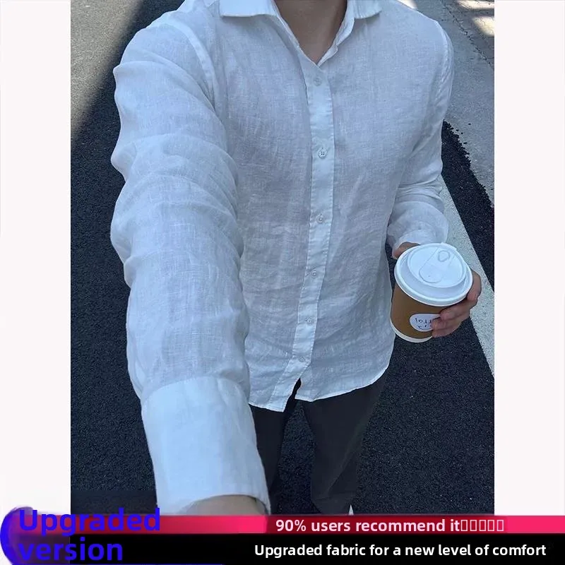 Men's Long Sleeve Linen Shirt Lightweight Summer Sun Protection Outerwear Luxury Sensation White Cotton Linen Shirt Fashionab...